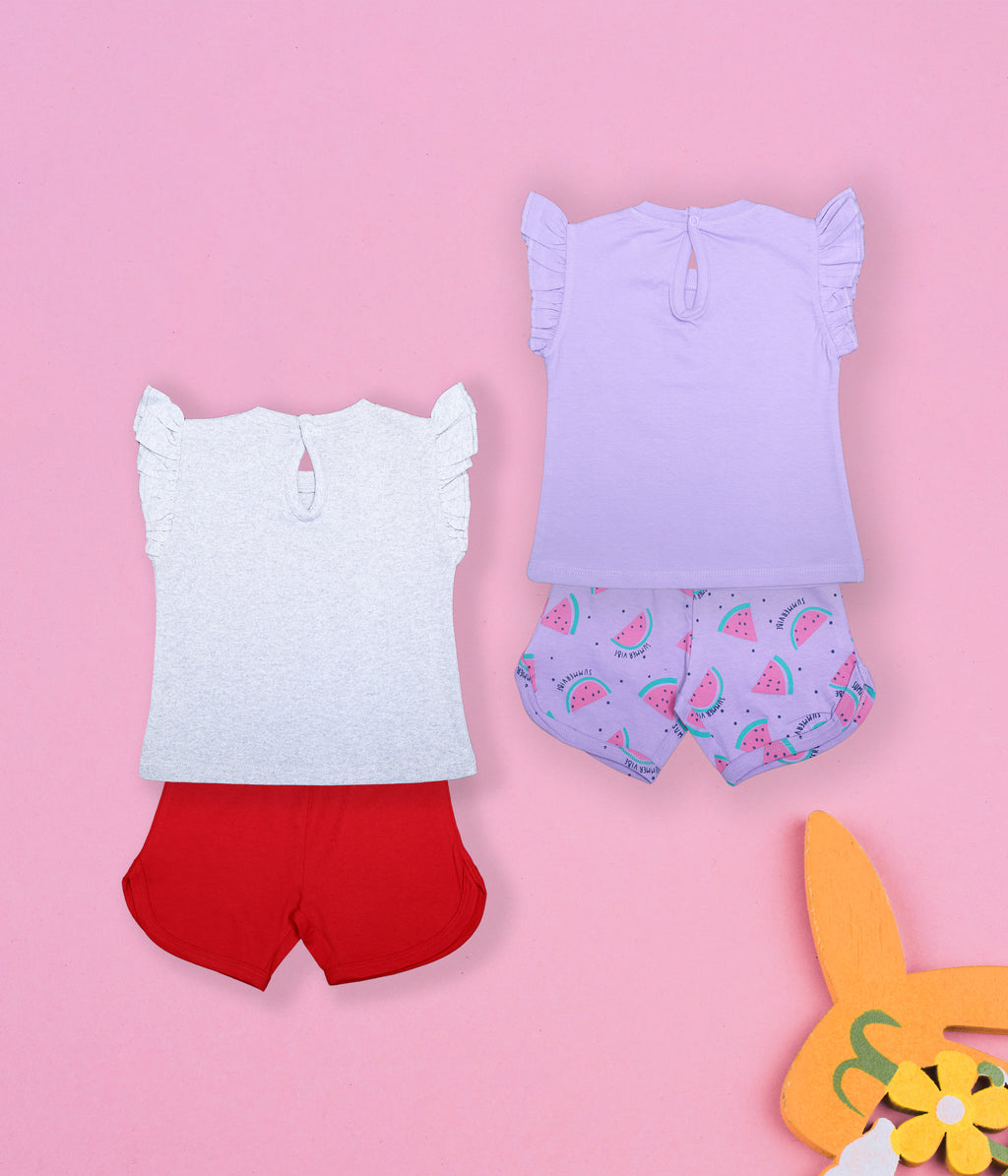 Summer Vibes: Cotton Flamingo & Watermelon Short Sets for Baby Girls