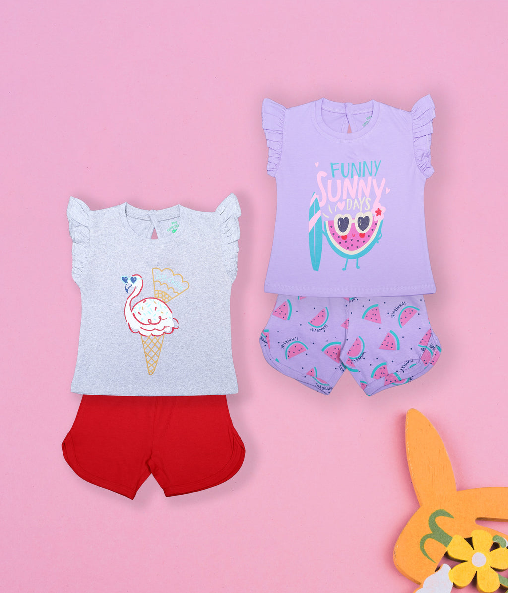 Summer Vibes: Cotton Flamingo & Watermelon Short Sets for Baby Girls