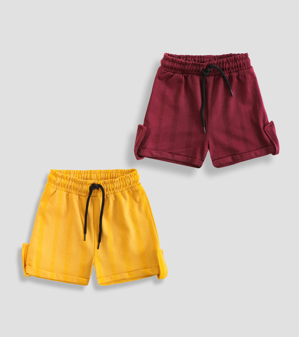 Vibrant Duo: Yellow & Maroon Striped Casual Shorts Set