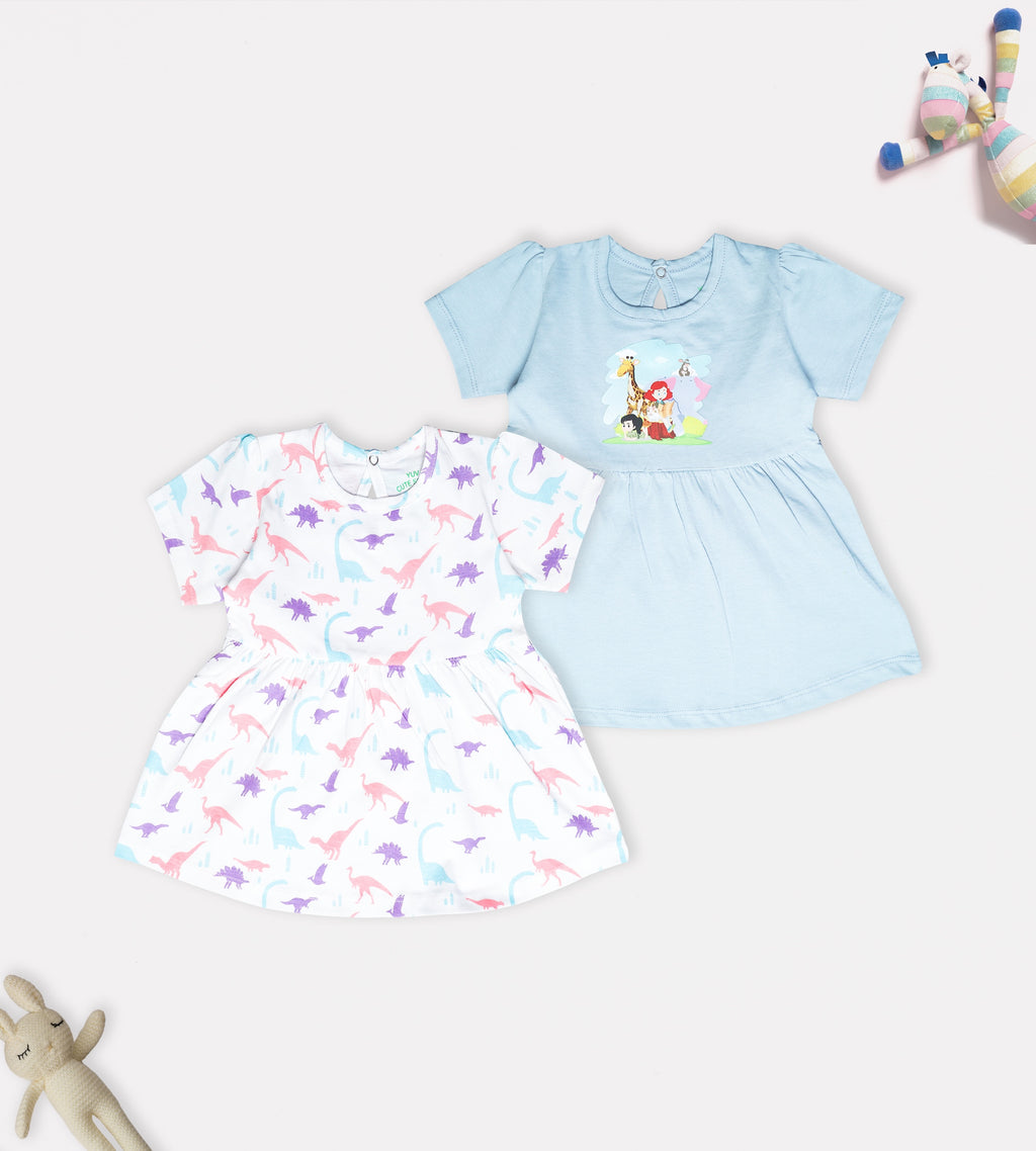 Pretty & Pastel Blue: Cotton Dinosaur Print & Fairy Tale Frock Set