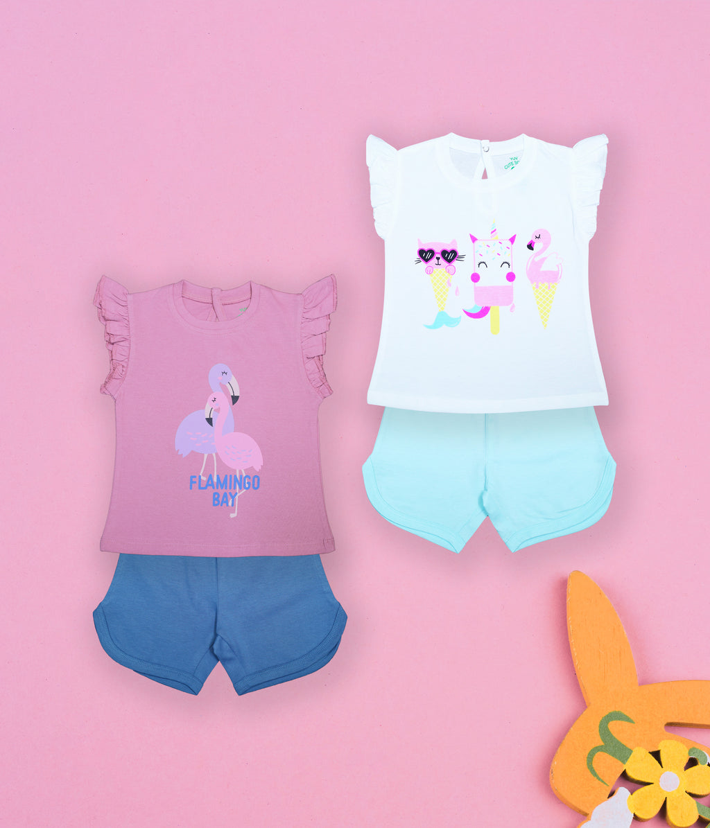 Pretty in Pink & Teal: Adorable Flamingo Graphic Tee & Shorts Duo