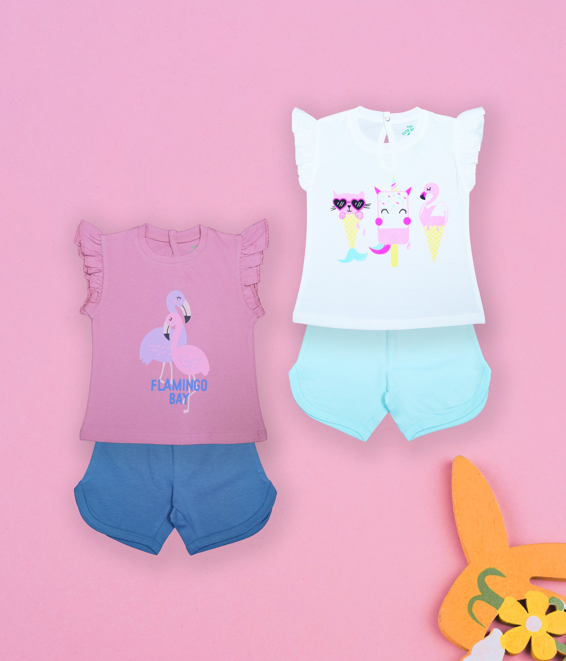 Pretty in Pink & Teal: Adorable Flamingo Graphic Tee & Shorts Duo