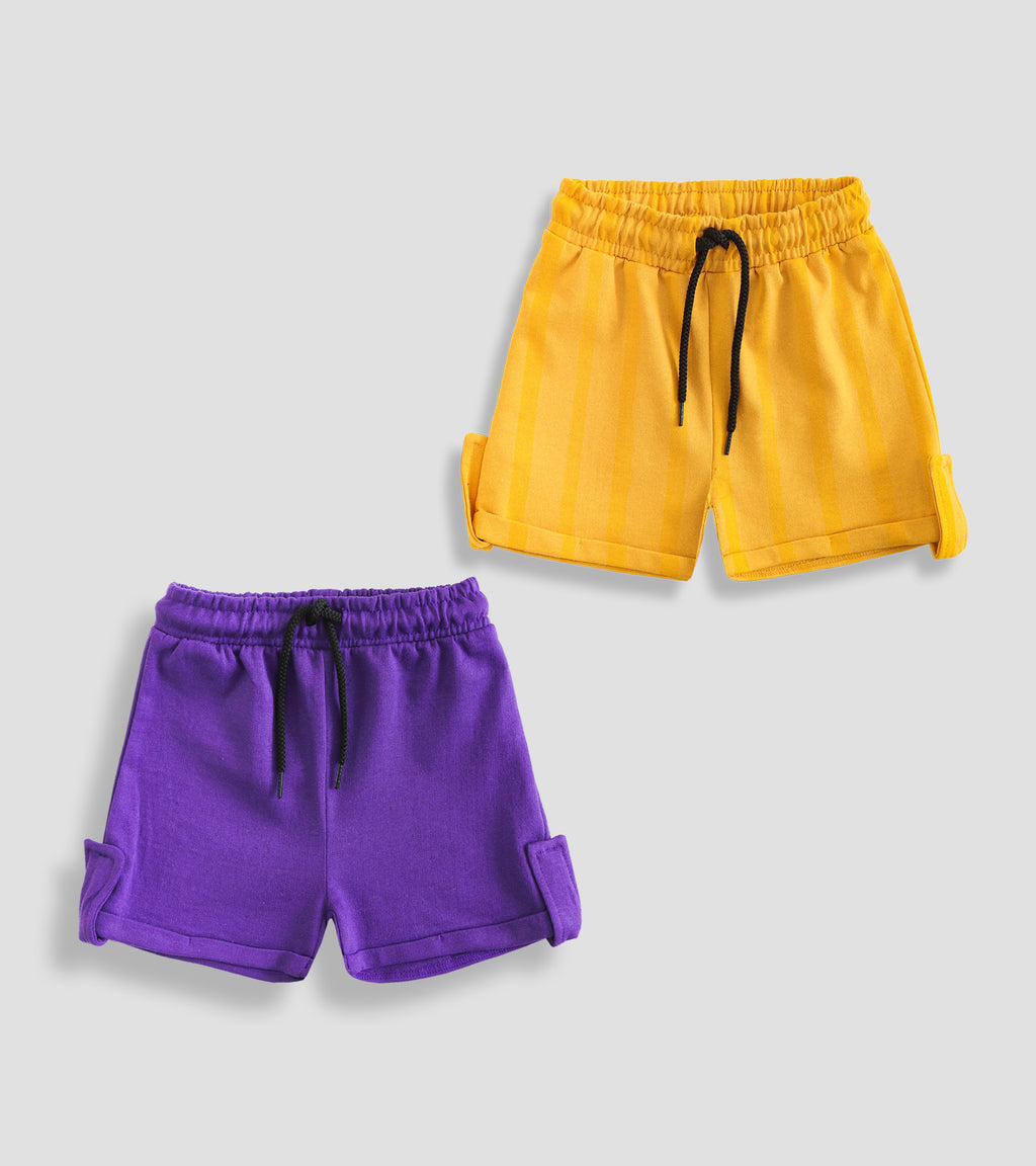 Sunny Style: Yellow Striped & Purple Casual Shorts Combo