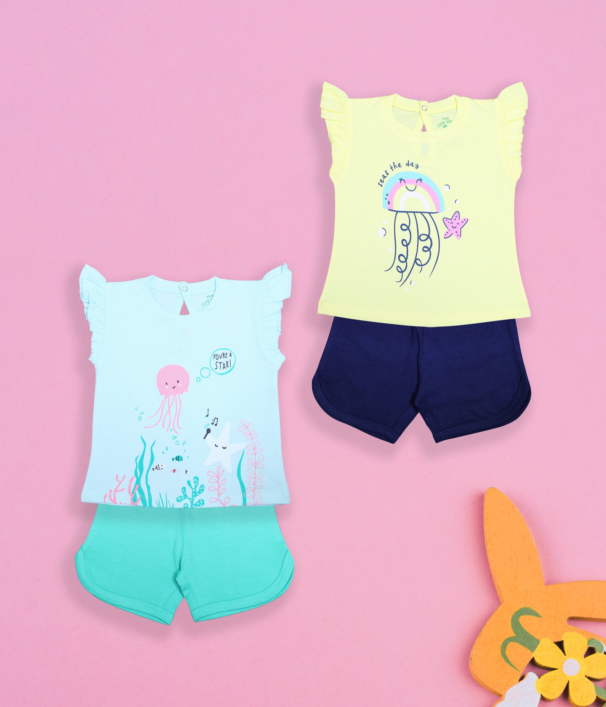 Ocean Magic: Pure Cotton Rainbow Jellyfish & Starfish Print Outfit Sets