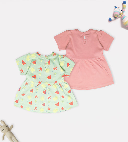 100% Cotton Tropical Fruit Print & Summer Sips Graphic Frock Set
