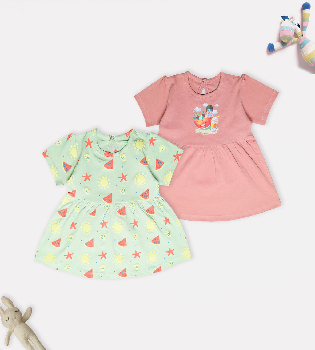 100% Cotton Tropical Fruit Print & Summer Sips Graphic Frock Set