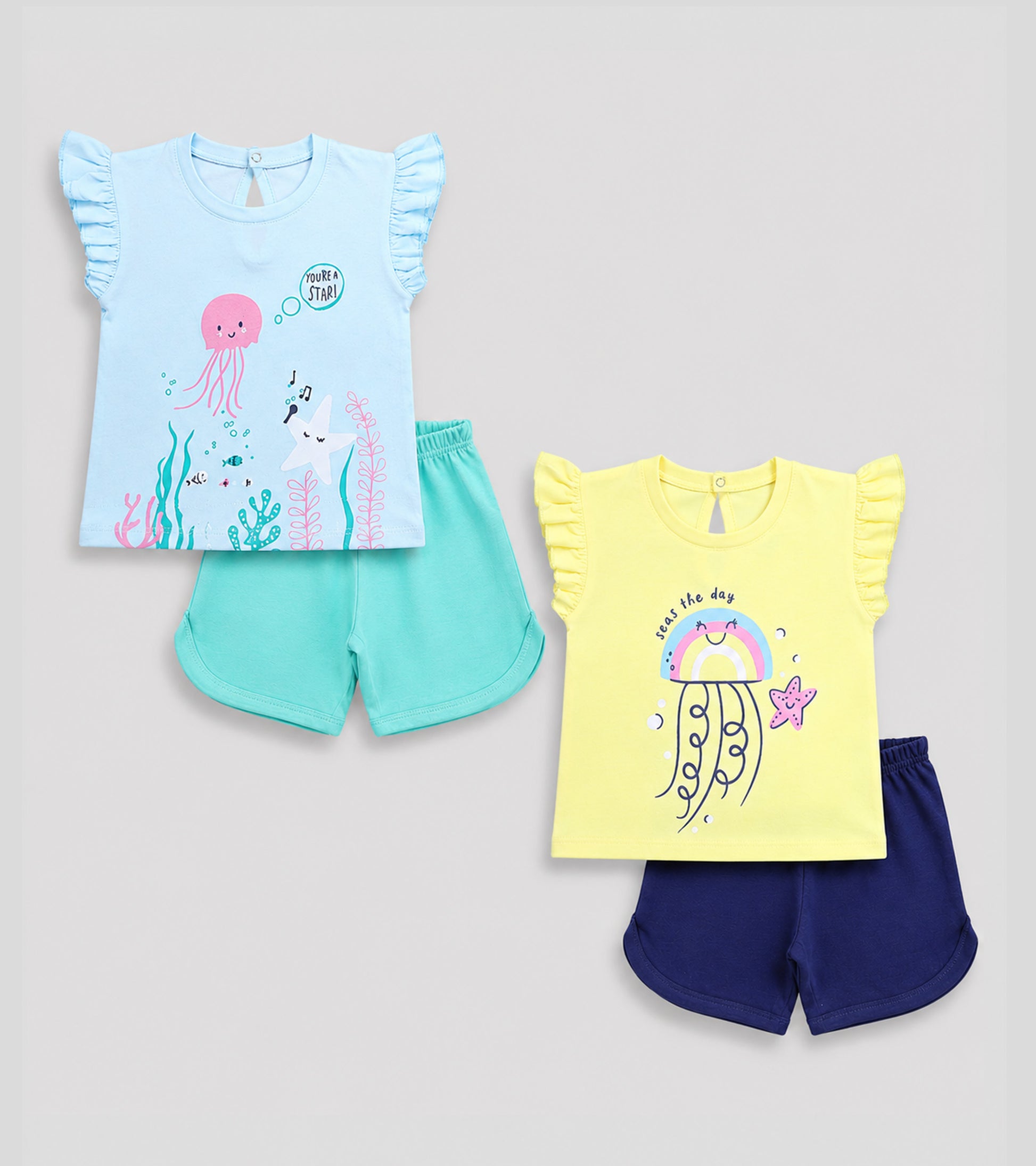Ocean Magic: Pure Cotton Rainbow Jellyfish & Starfish Print Outfit Sets