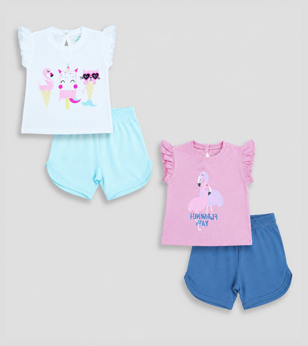 Pretty in Pink & Teal: Adorable Flamingo Graphic Tee & Shorts Duo