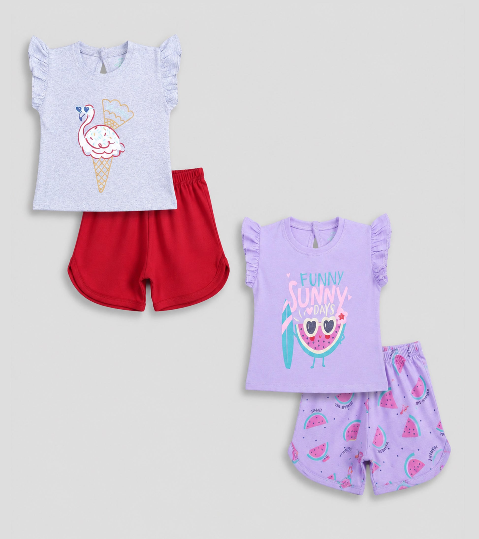 Summer Vibes: Cotton Flamingo & Watermelon Short Sets for Baby Girls