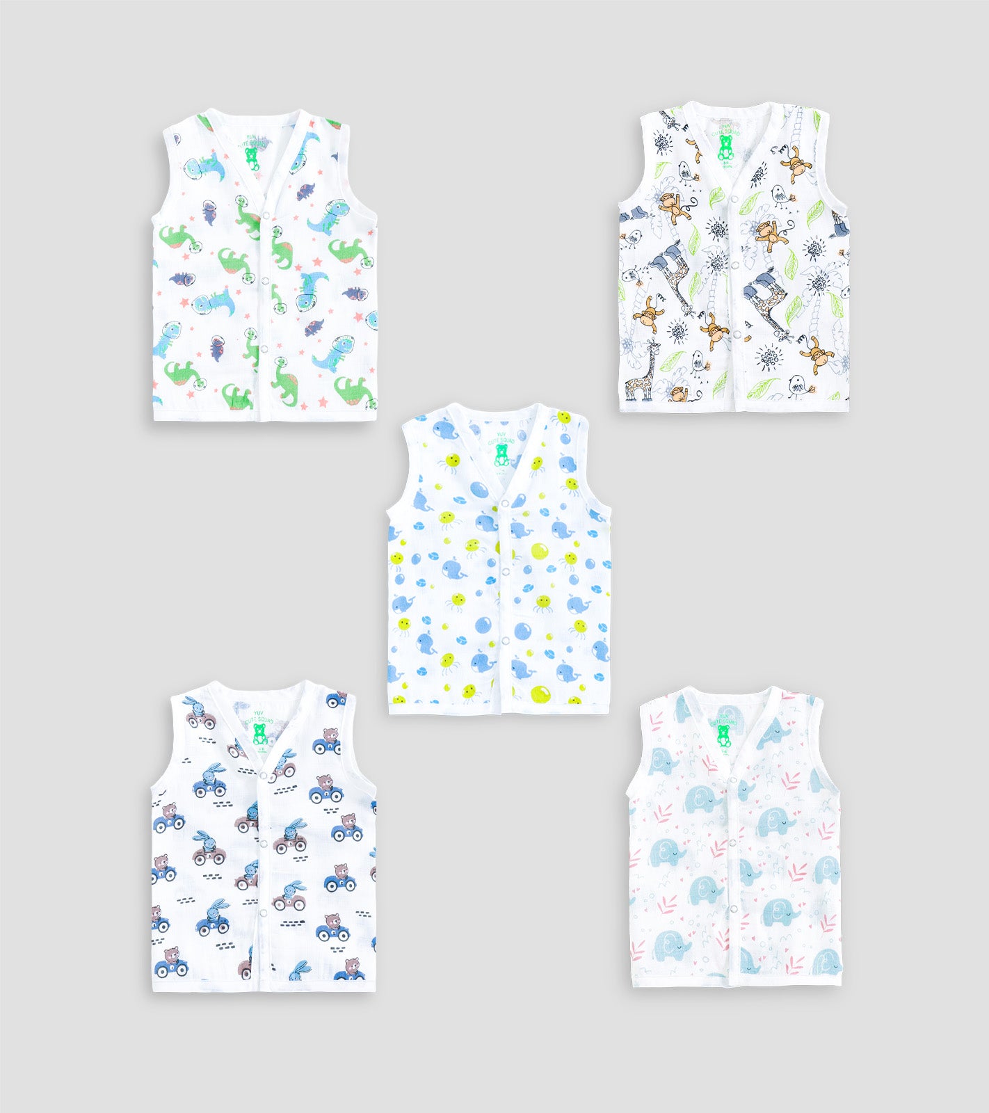 Dino, Safari & Sea Creatures 100% Cotton Muslin Baby Jablas | Value Pack of 5