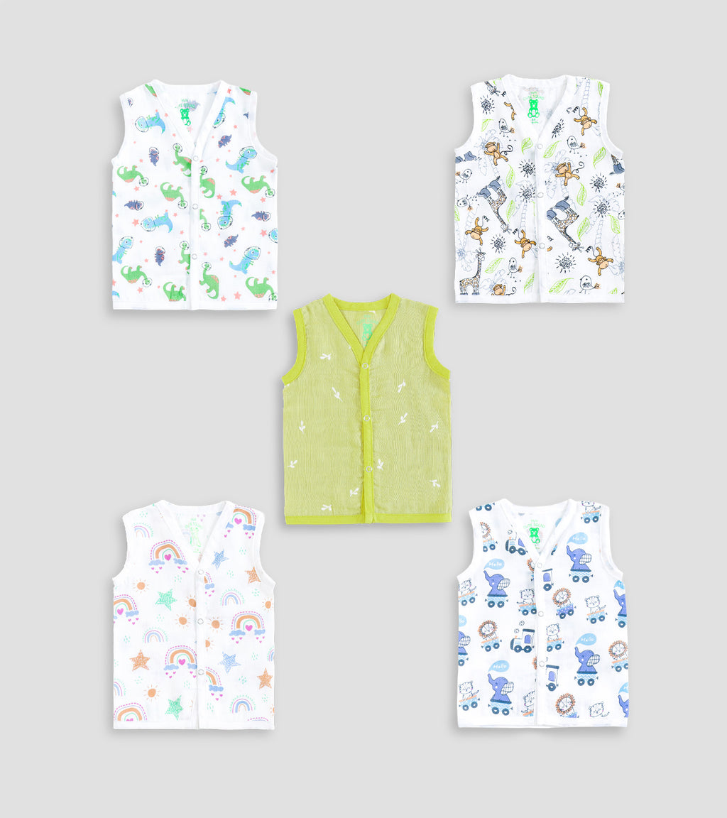 Solid Green & Multi-Print Breathable Cotton Muslin Jabla Set of 5
