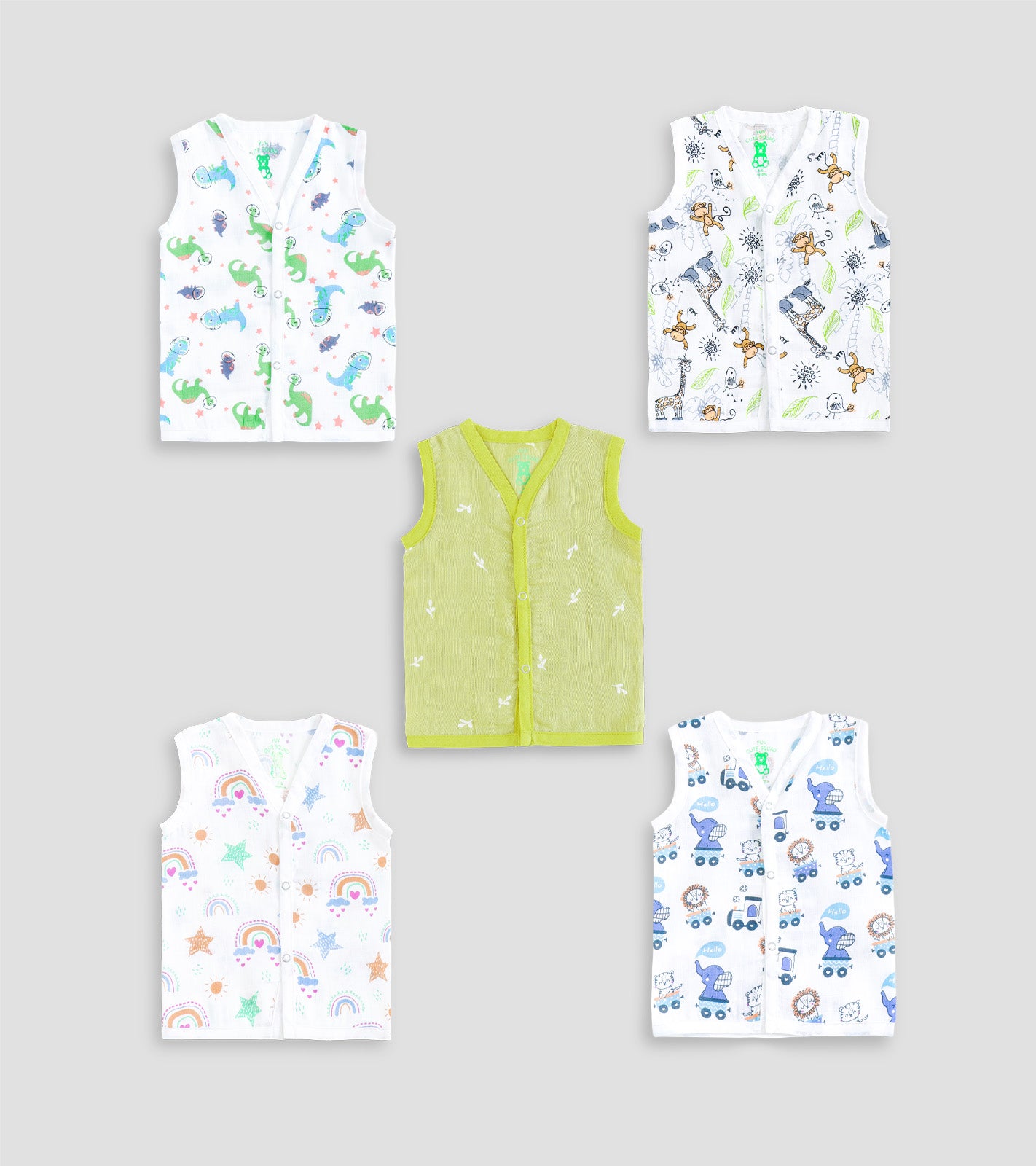 Solid Green & Multi-Print Breathable Cotton Muslin Jabla Set of 5
