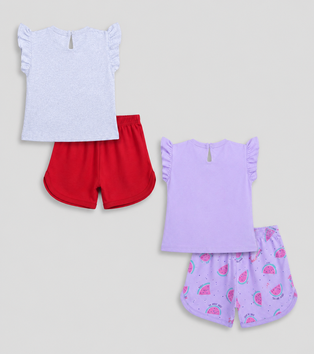 Summer Vibes: Cotton Flamingo & Watermelon Short Sets for Baby Girls