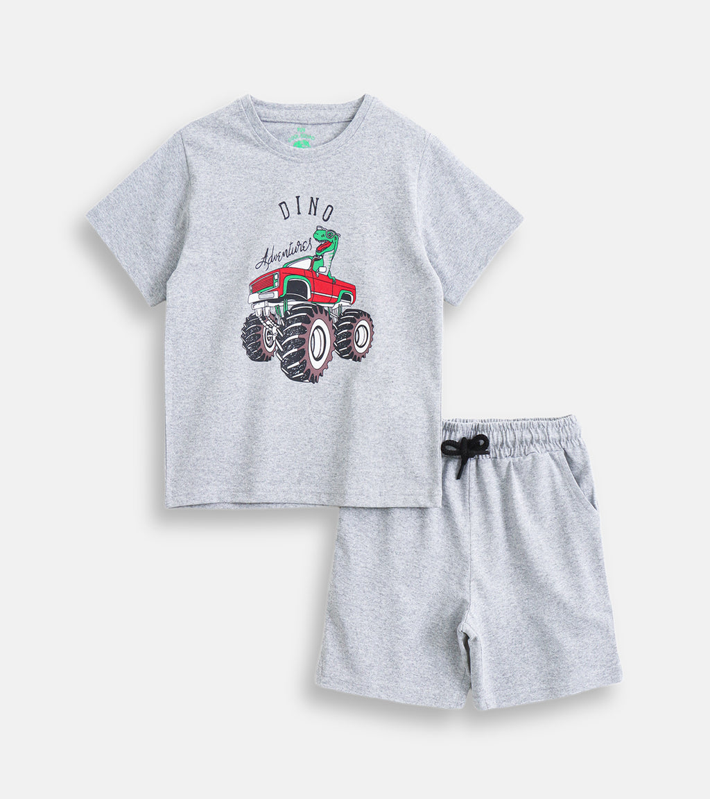 Dino Monster Truck – Grey Melange Cotton Co-ord Sets for Everyday Play