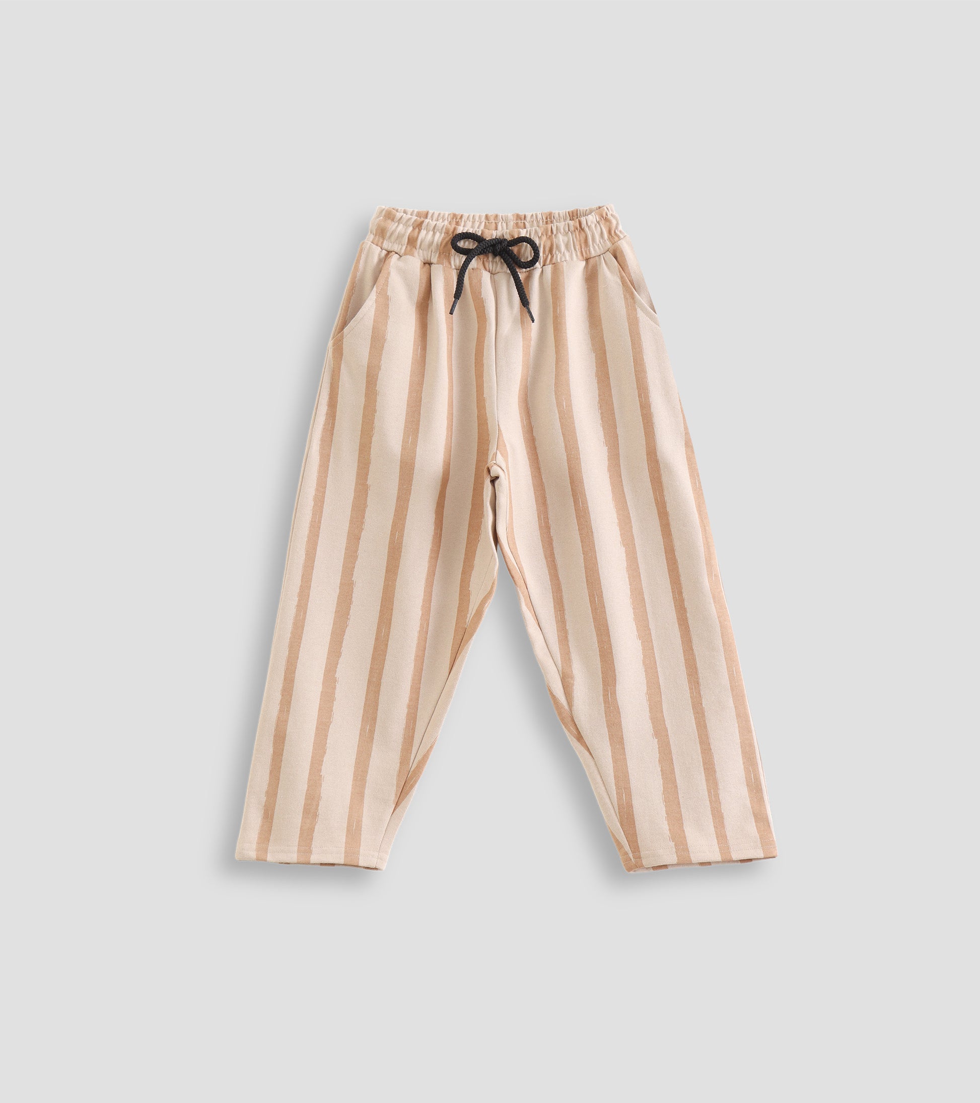Effortless Style: Beige Striped Pants with Adjustable Rope Waist and Pockets