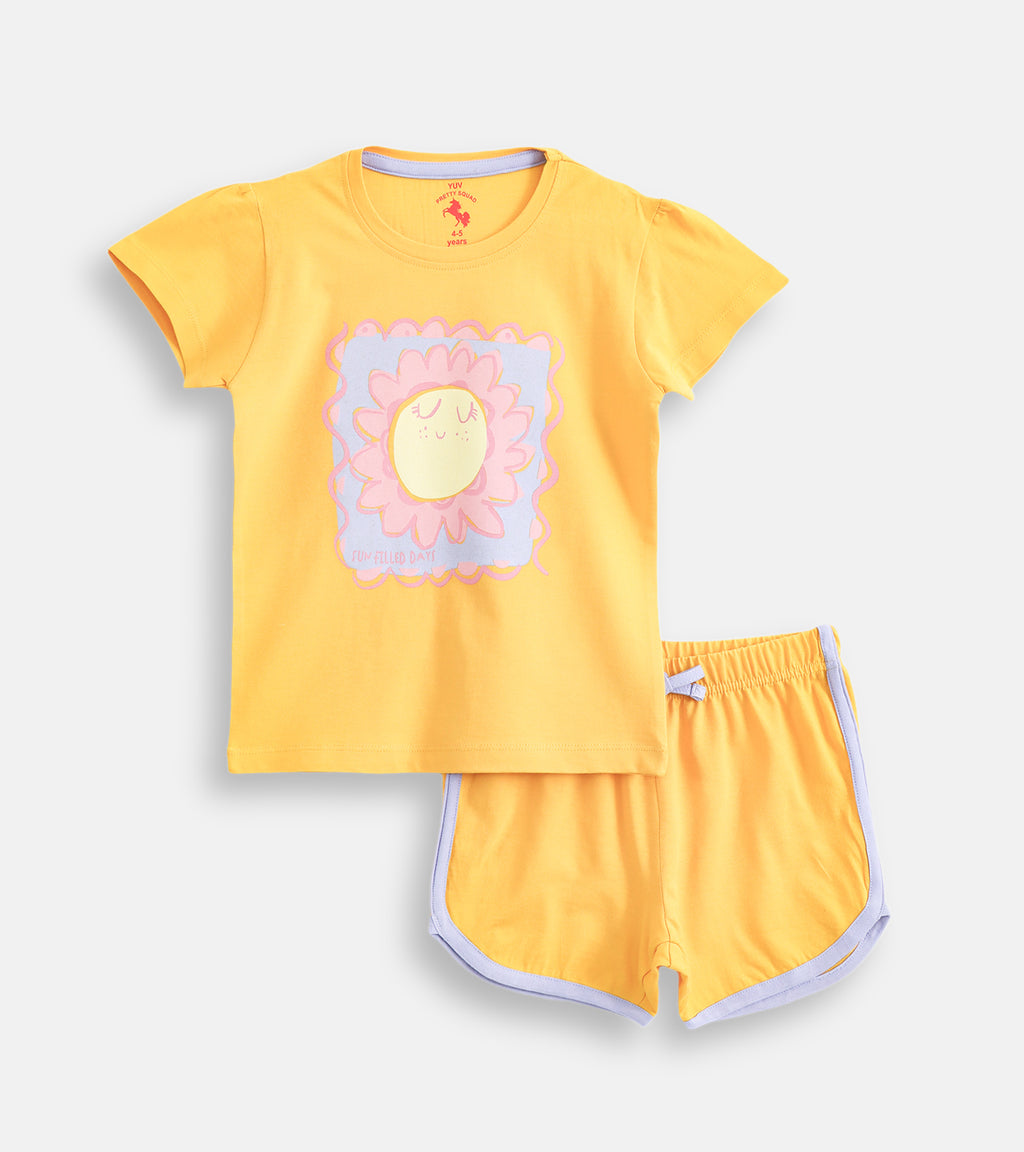 Sunshine Smiles: Floral Graphic Tee and Matching Shorts Set